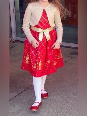 Bonnie Jean Red and Gold Holiday Dress with Gold Bow